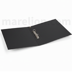Black binder with a metal ring on a white background