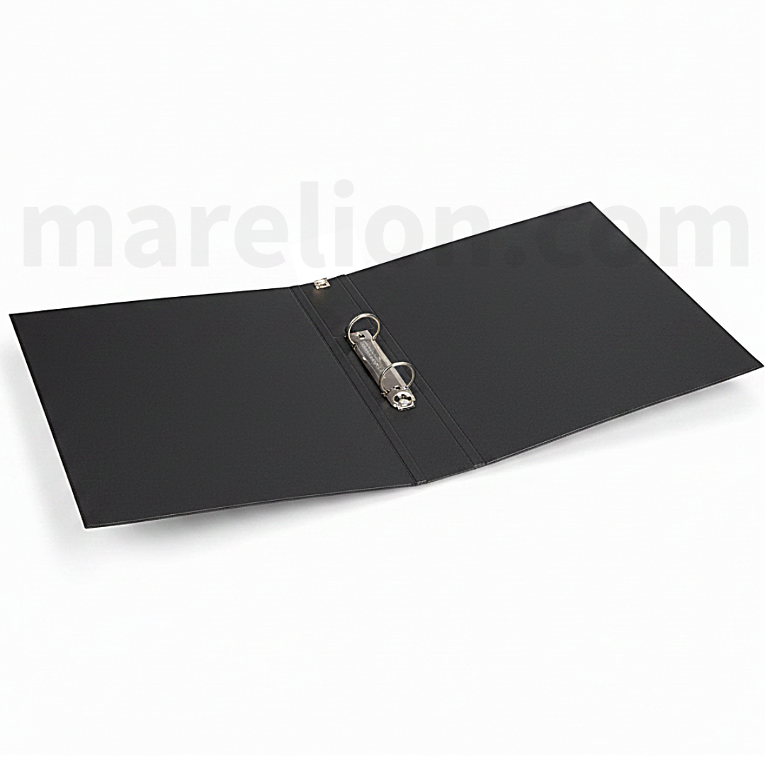 Black binder with a metal ring on a white background