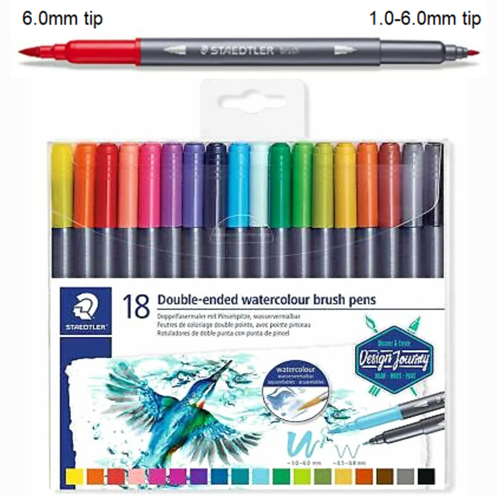 Μαρκαδόροι Ακουαρέλας Staedtler Διπλής όψης,  1.0-6.0mm / 0.5-0.8mm, Double-ended Watercolour Brush Pens (Pack of 18)