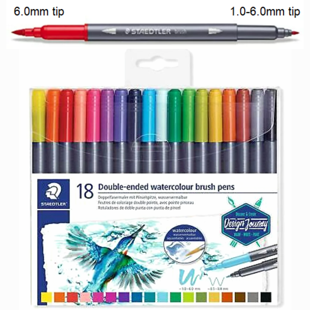 Μαρκαδόροι Ακουαρέλας Staedtler Διπλής όψης,  1.0-6.0mm / 0.5-0.8mm, Double-ended Watercolour Brush Pens (Pack of 18)