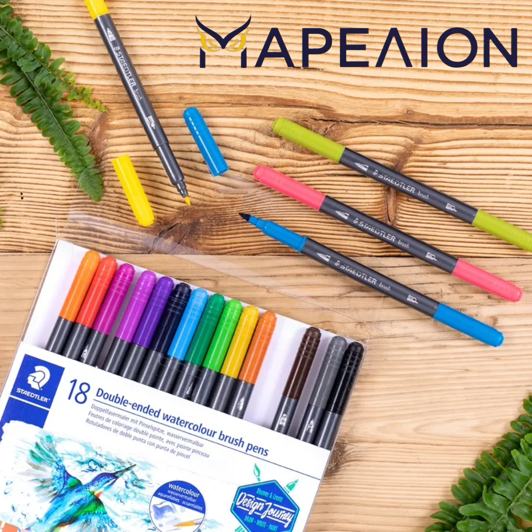 Μαρκαδόροι Ακουαρέλας Staedtler Διπλής όψης,  1.0-6.0mm / 0.5-0.8mm, Double-ended Watercolour Brush Pens (Pack of 18)