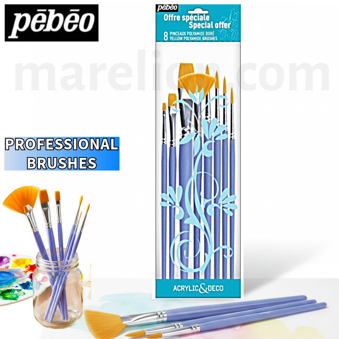 Pebeo Round Paint Brush Set 8pcs Polyamide and Stainless Steel with Short Handle no. 2, 10, 18  round n 0, 4, 8  fan n 6  script liner n 10/0