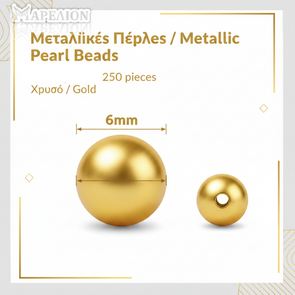 Gold metallic pearl beads with size measurement on a white background