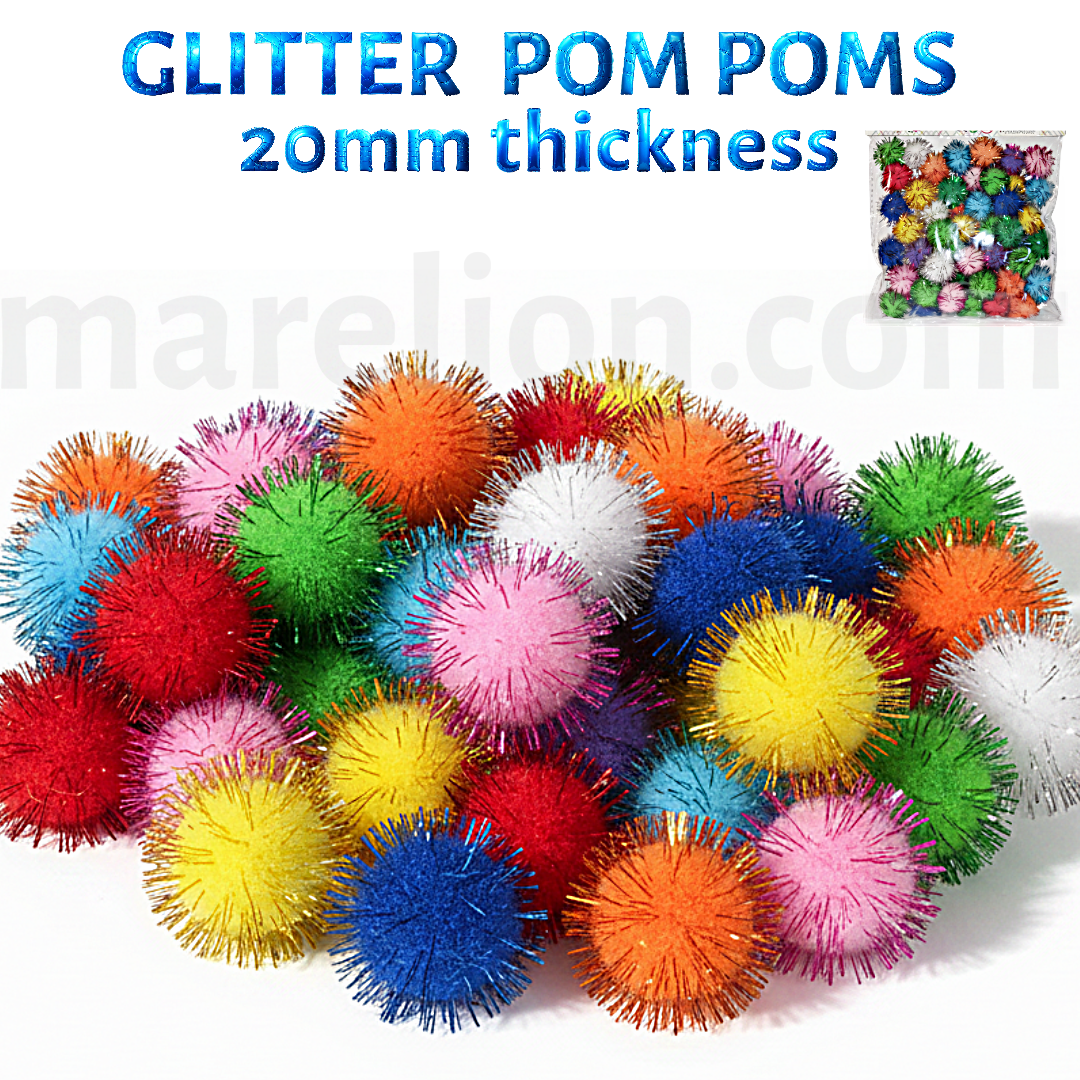 Glitter Pom Poms 20mm, Set of 50pcs, 11 Colours - Πομ Πομ Glitter Χειροτεχνία DIY