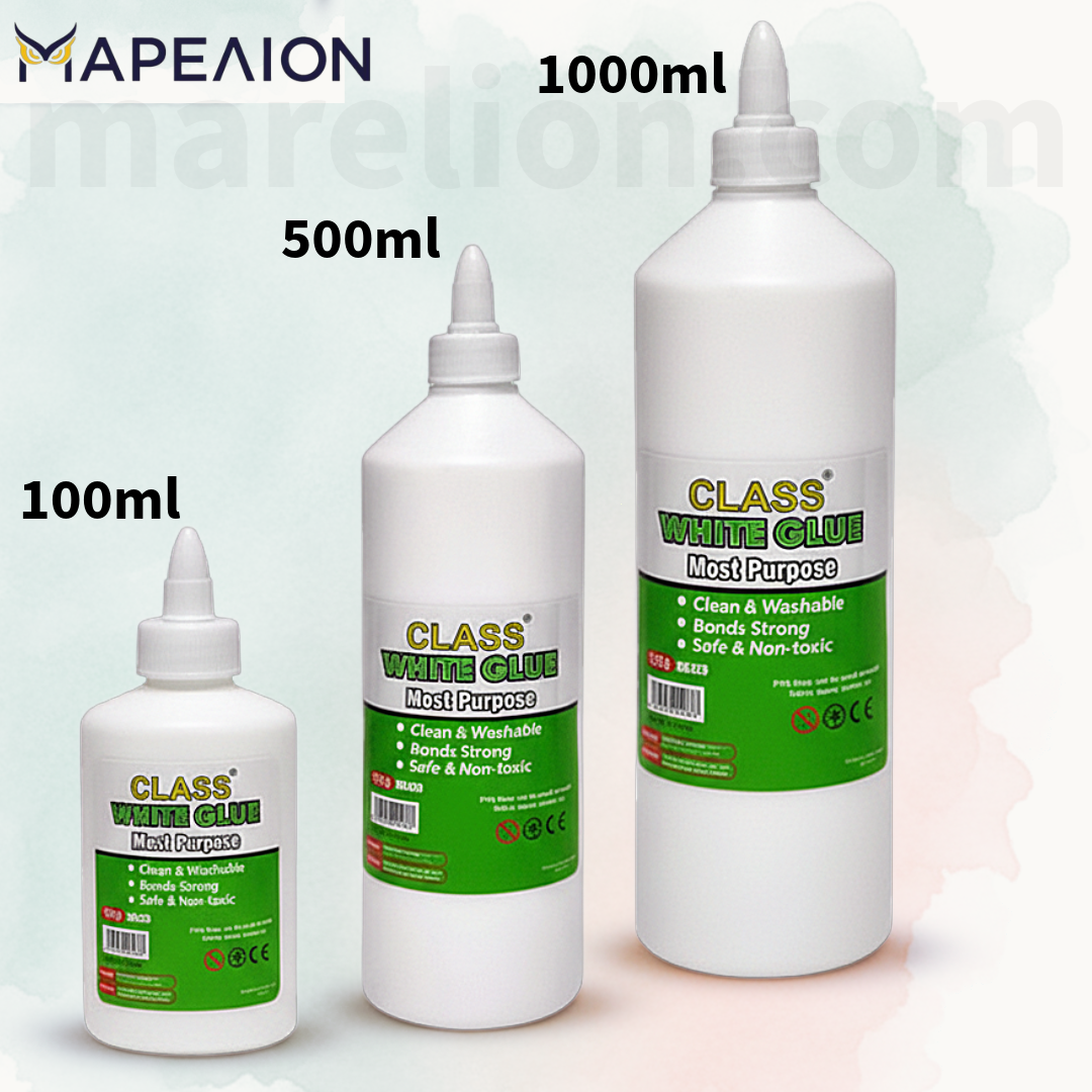 Three bottles of Class White Glue by Mapeion with different sizes on a light background.