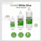 Class White Glue bottles of different sizes with branding and certification logos on a white background.