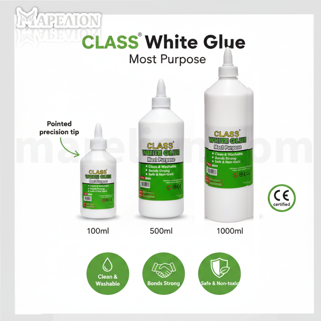 Class White Glue bottles of different sizes with branding and certification logos on a white background.