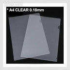 Two A4 clear sheets with text indicating thickness and quantity on a black background.