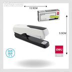 White stapler with black accents and Deli branding, shown with measurements and packaging.