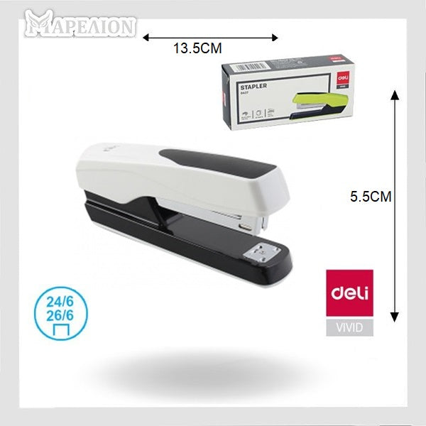 White stapler with black accents and Deli branding, shown with measurements and packaging.