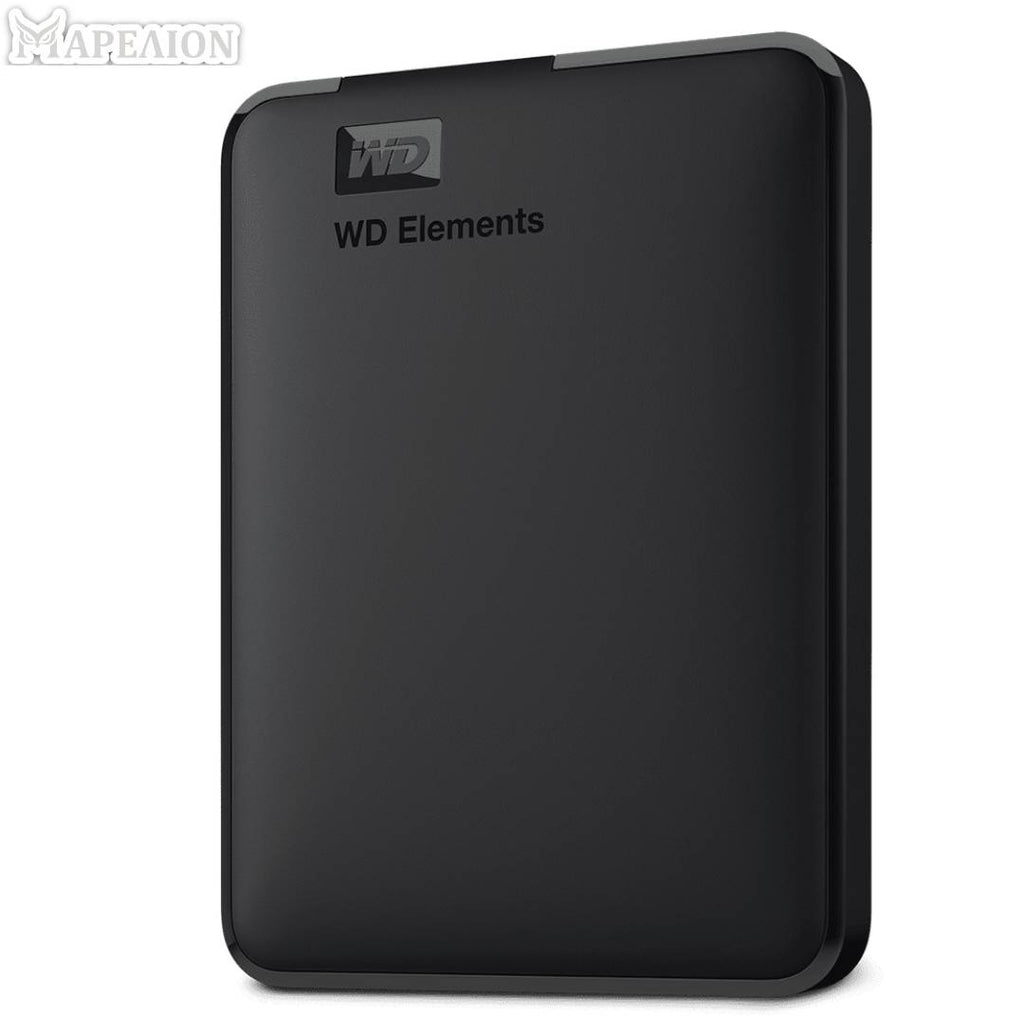 Black external hard drive with WD Elements branding on a white background