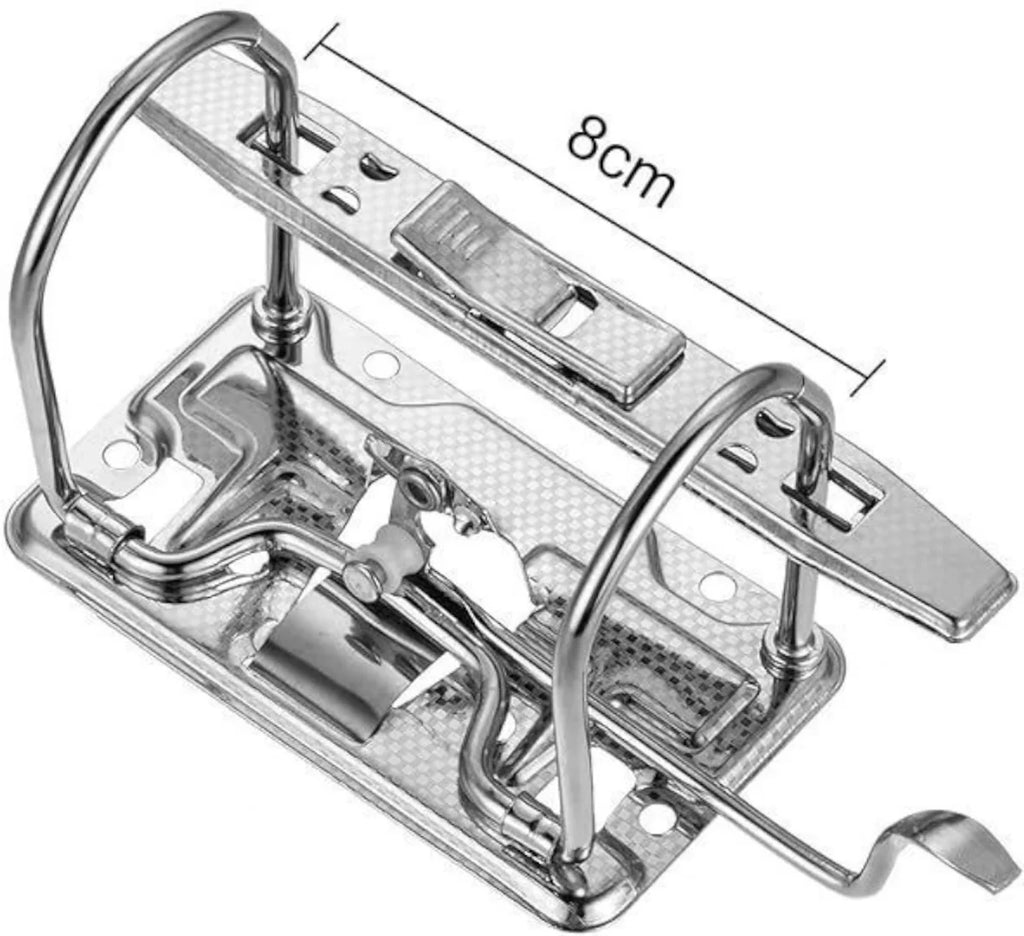 Metallic door lock mechanism with dimensions indicated on a white background