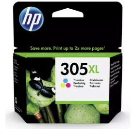 HP 305XL ink cartridge packaging with green leaves on a white background