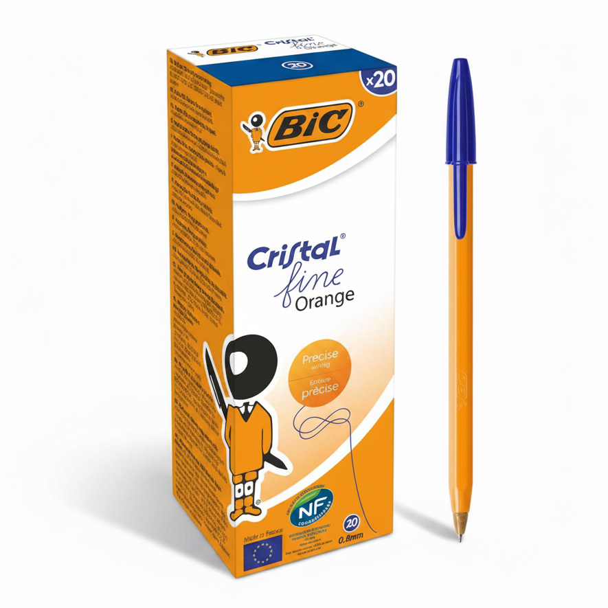 BIC Cristal fine orange pen and packaging on a white background
