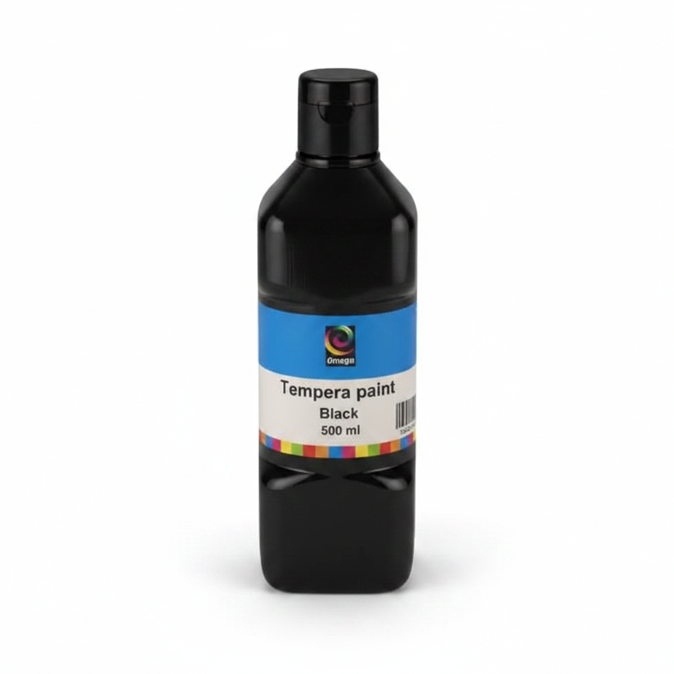 Bottle of black tempera paint with a label on a white background
