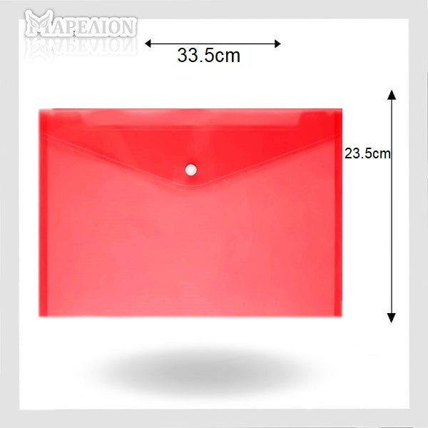 Red document envelope with dimensions labeled on a gray background
