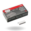 Box of staples with a single staple on a white background