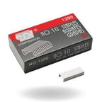 Box of staples with a single staple on a white background
