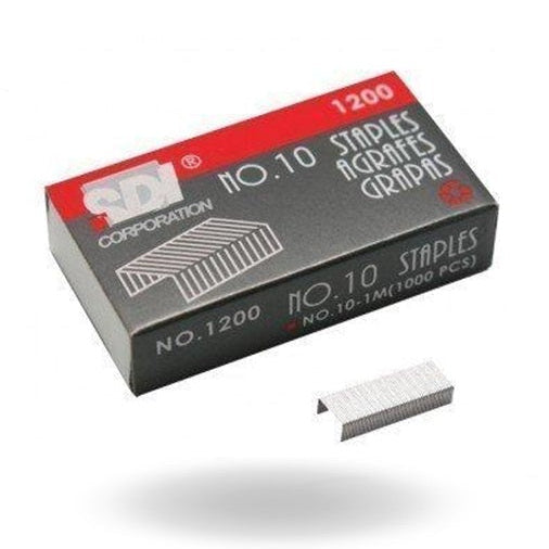 Box of staples with a single staple on a white background