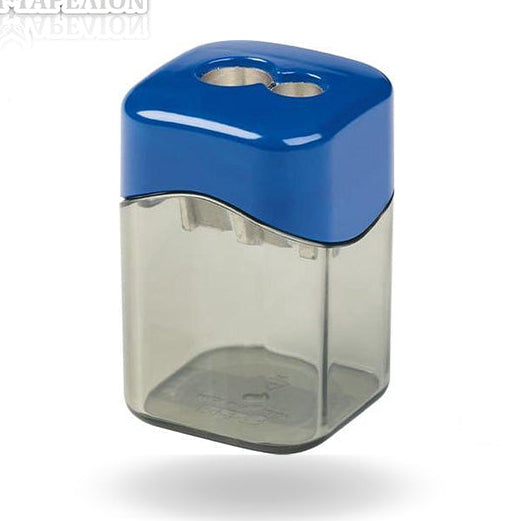Blue and clear pencil sharpener on a white background