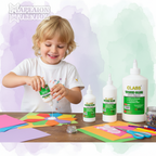 Child engaged in craft activity with Class Glue bottles on a table