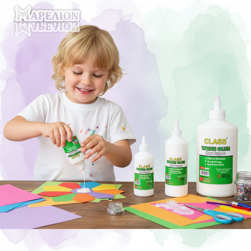 Child engaged in craft activity with Class Glue bottles on a table
