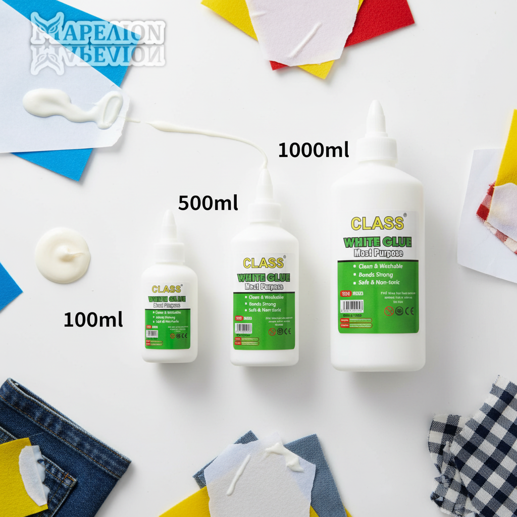 Three bottles of Class white glue in different sizes on a white background with colorful items around.