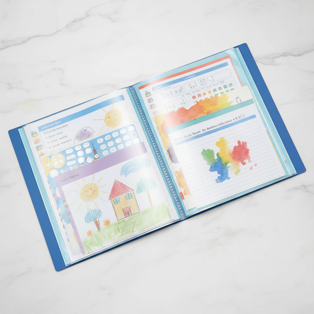 Clear Book flat lay with papers