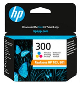HP 300 ink cartridge packaging with HP logo and product details.