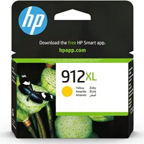 HP 912XL yellow ink cartridge packaging with HP logo and website information.