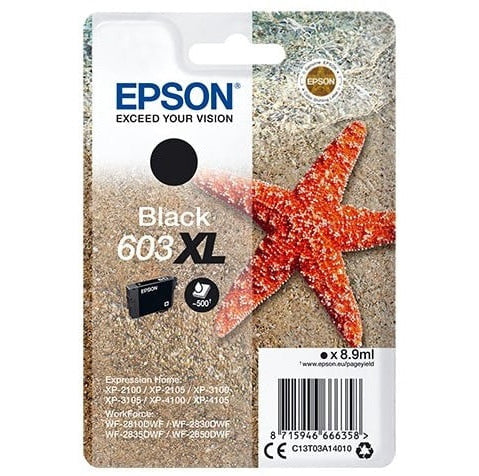Epson 603XL black ink cartridge packaging with a starfish on sand background