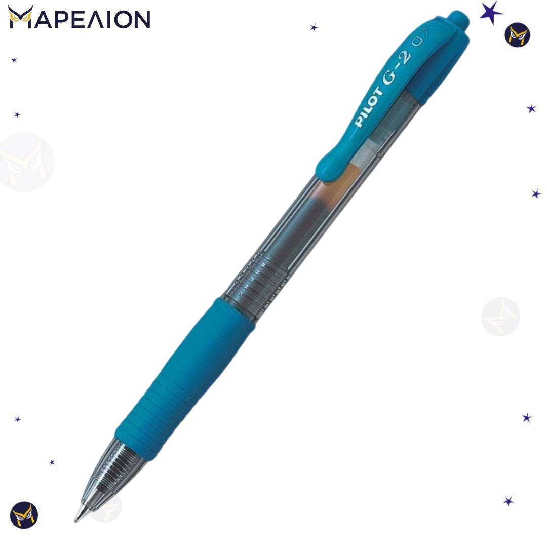 Blue pen with transparent body on a white background, featuring the Mapeilion brand.