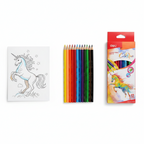 Set of colored pencils with a coloring book featuring a unicorn on a white background