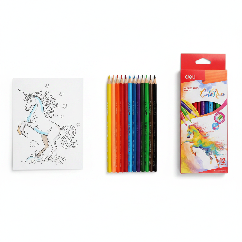 Set of colored pencils with a coloring book featuring a unicorn on a white background