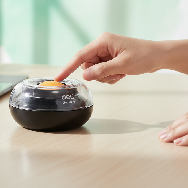 Hand using a small round device with a yellow ball on a desk, with a laptop and plant in the background.