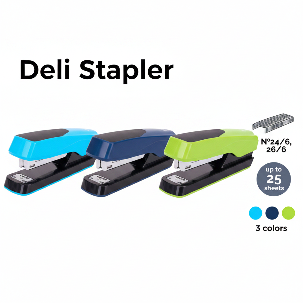 Three deli staplers in blue, black, and green on a white background with text indicating the number of sheets they can staple.