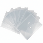 Stack of clear plastic sleeves with a hole on a white background