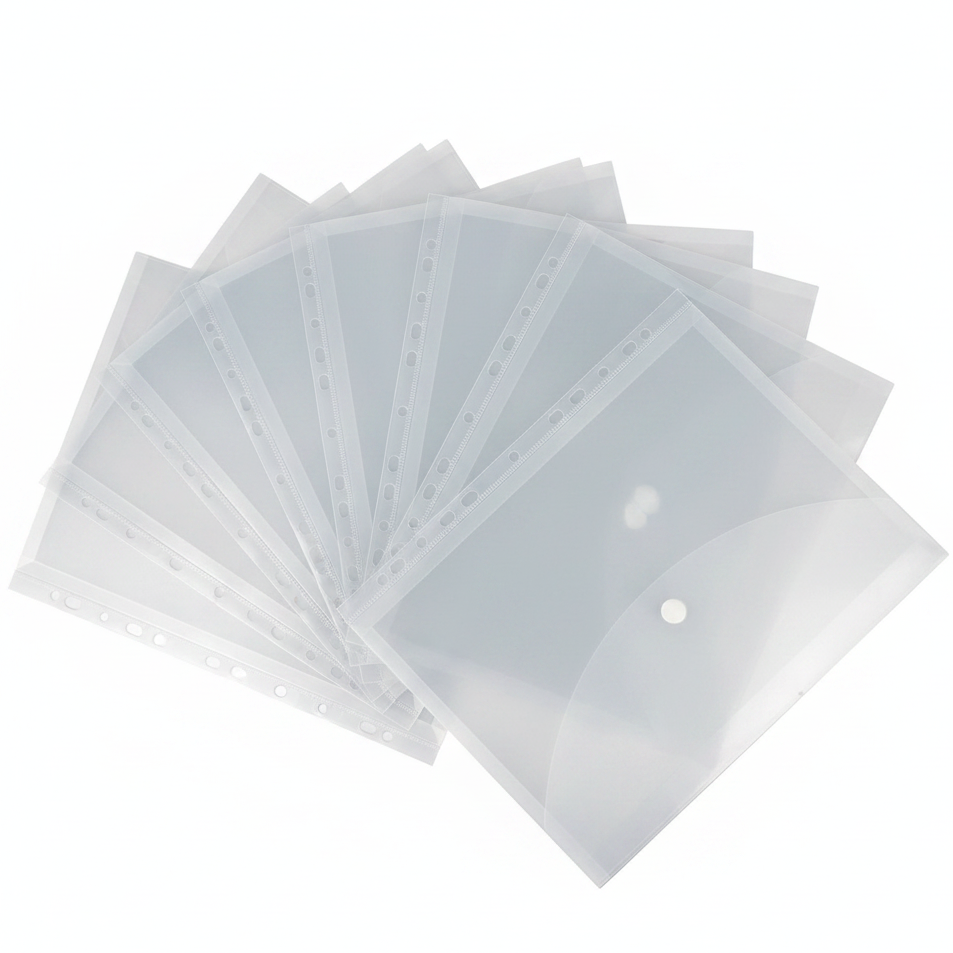 Stack of clear plastic sleeves with a hole on a white background