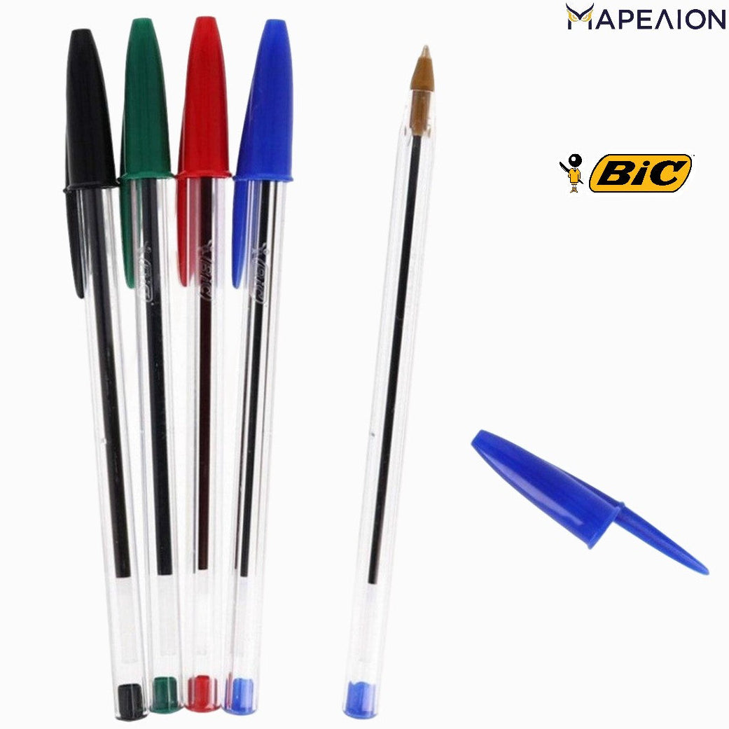 Set of colorful pens with Mapeion and Bic logos on a white background