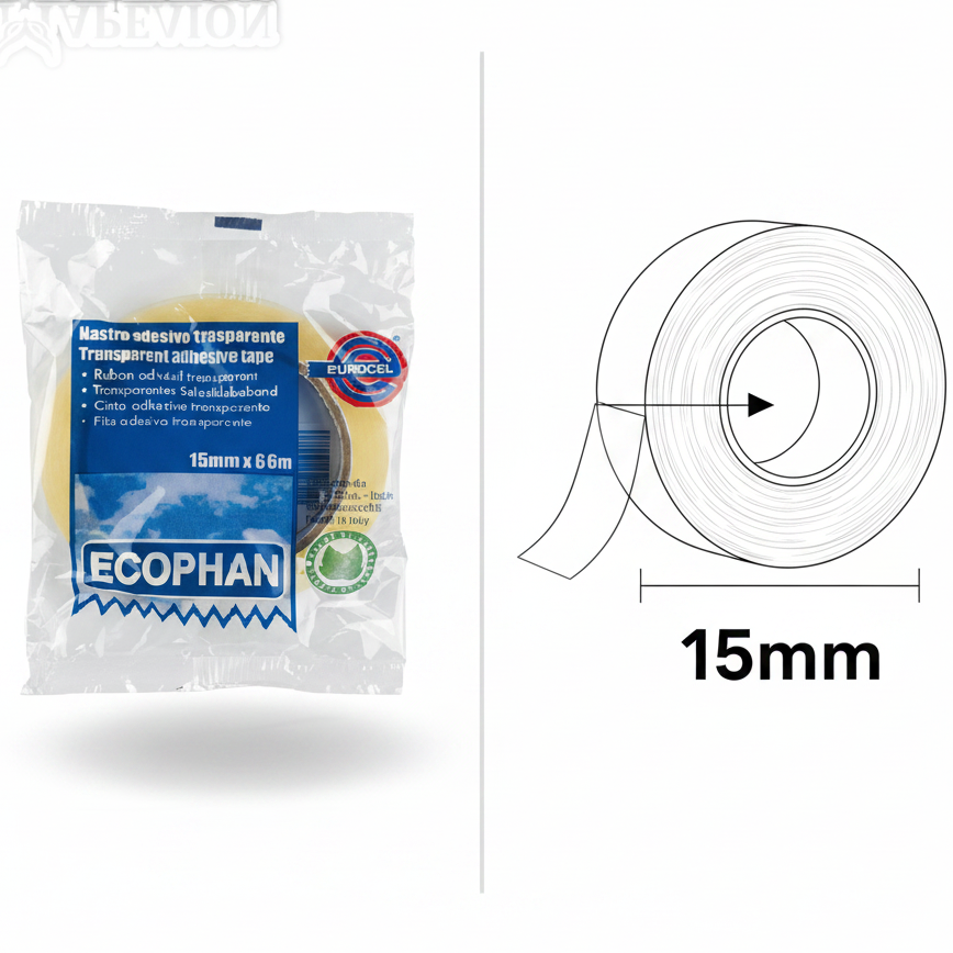 Mapeion Ecophan adhesive tape packaging with a diagram of the tape and dimensions on a white background.
