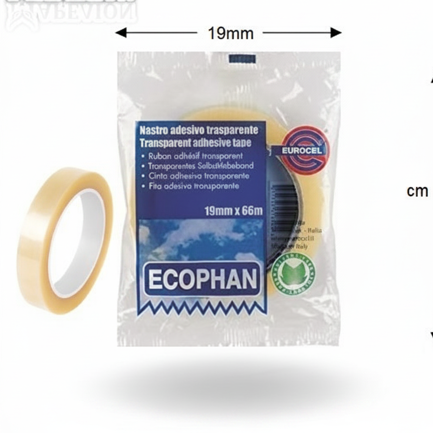 Transparent adhesive tape with packaging labeled 'ECOPHAN' on a white background