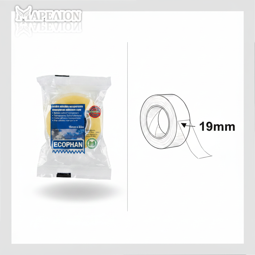 Packaging of Mapeion Ecophan with a close-up of the tape width labeled 19mm on a white background.