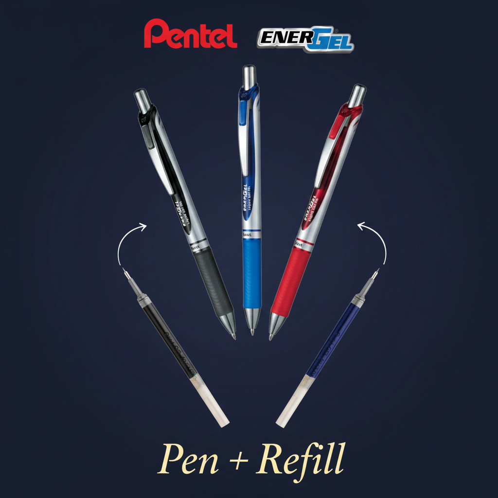 Pentel EnerGel pens and refills on a dark blue background