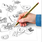 Hand holding a pencil over a coloring page with letters and shapes