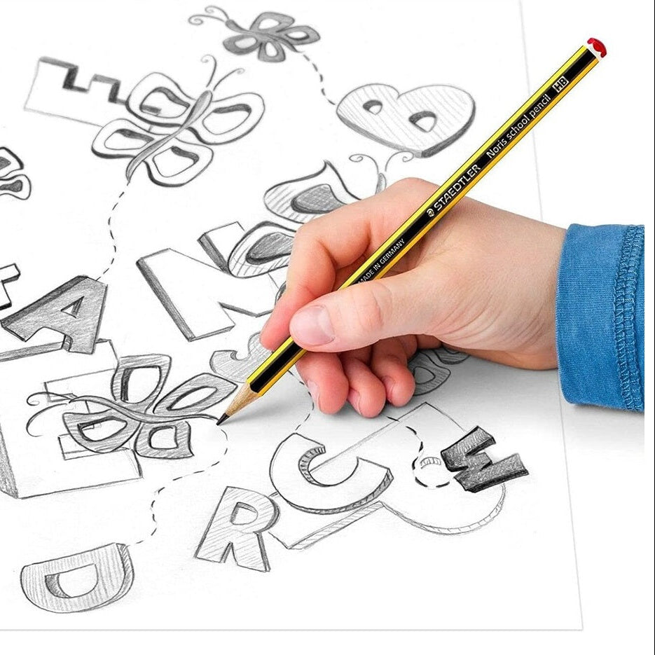 Hand holding a pencil over a coloring page with letters and shapes