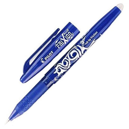 Blue Pilot FriXion pen with cap on a white background