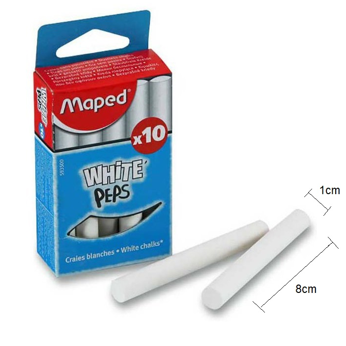 Maped white chalks packaging with two chalks and measurements on a white background