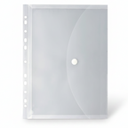 Clear plastic page protector with a hole for binding on a white background
