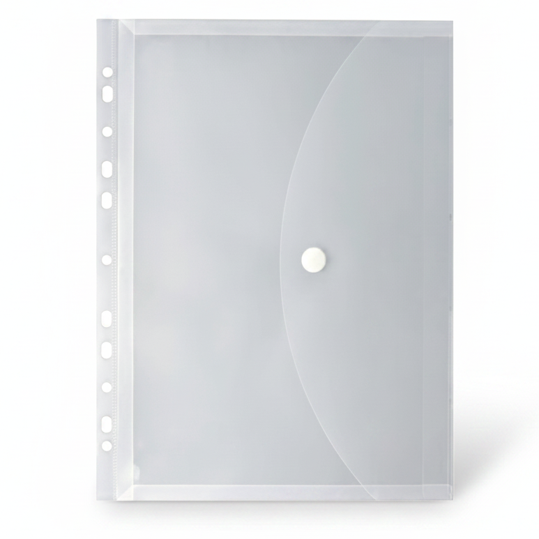 Clear plastic page protector with a hole for binding on a white background