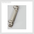 Metallic cylindrical object with ring design on a white background